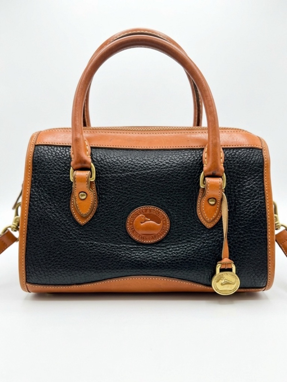 Vintage Dooney and Bourke Pebbled All-Weather Leather Zip-Top Satchel Black Tan